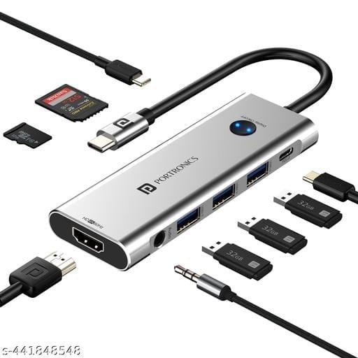 Portronics Mport One USB C Hub (9-in-1) with 4K 60Hz HDMI, 3-Port USB, HDMI On-Off Button, 100Watts Type-C Charging, Card Reader, 3.5mm AUX, Type C Plug for Laptop, , PC (Grey) - Bhandarum