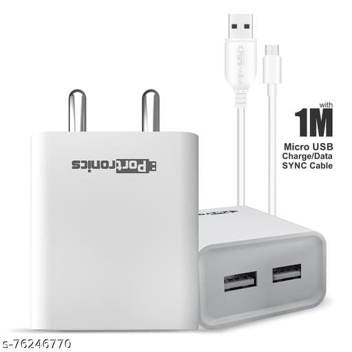 Portronics Adapto 66 2.4A 12w Dual USB Port Wall Charger with 1M Micro USB Cable,Compatible with iOS & Andriod Smartphones etc.(White) 3 Portronics Adapto 66 2.4A 12w Dual USB Port Wall Charger with 1M Micro USB Cable,Compatible with iOS & Andriod Smartphones etc.(White) - Bhandarum
