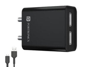 Portronics Adapto 66 2.4A 12w Dual USB Port Wall Charger with 1M Micro USB Cable,Compatible with iOS & Andriod Smartphones etc.(Black) - Bhandarum