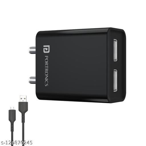 Portronics Adapto 66 2.4A 12w Dual USB Port Wall Charger with 1M Micro USB Cable,Compatible with iOS & Andriod Smartphones etc.(Black) - Bhandarum