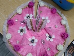 Premium Pink Floral Laddu Gopal Dress – Handcrafted Net Poshak with 3D Flowers & Stone Work for Kanha Ji, Bal Gopal, Thakur Ji - Bhandarum