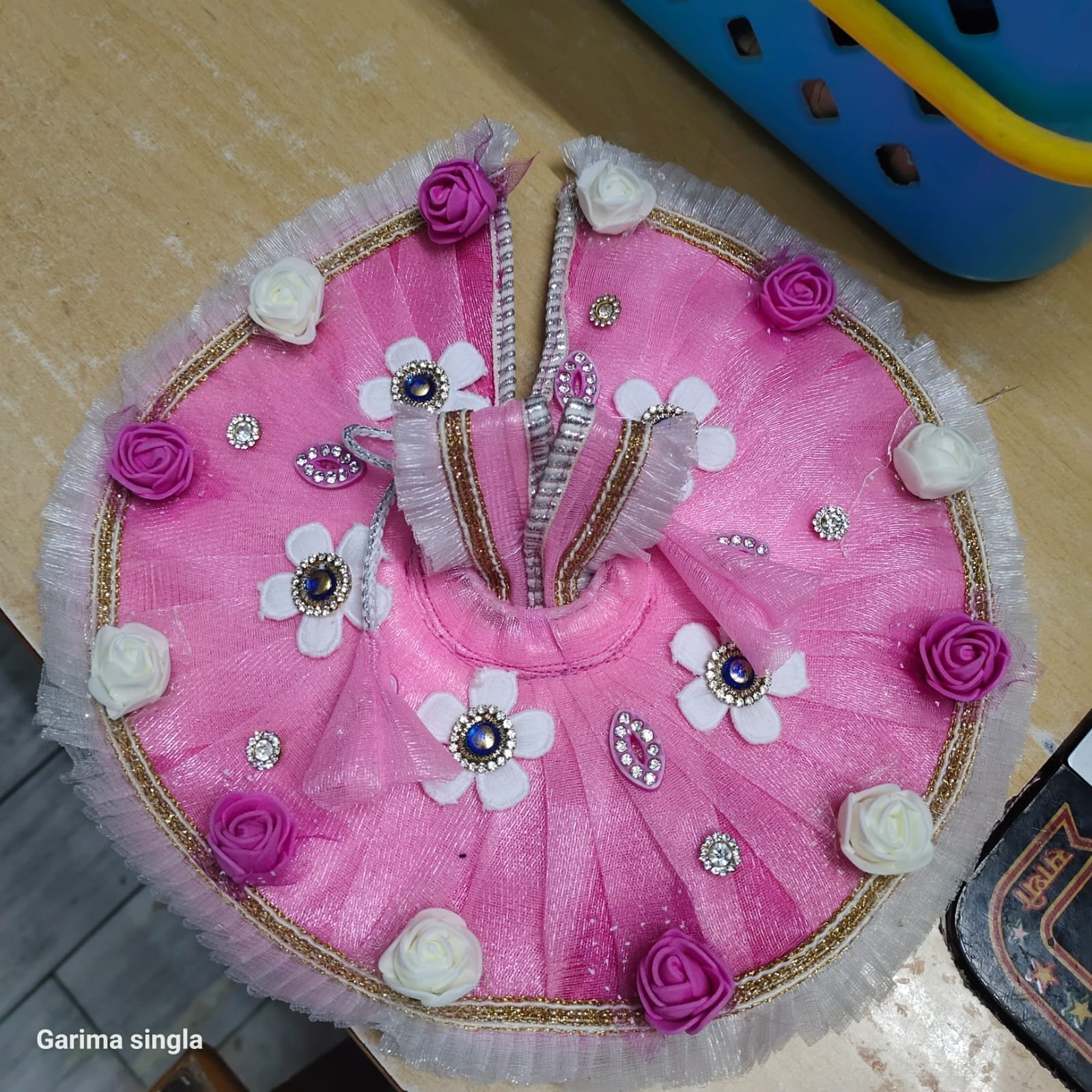 Premium Pink Floral Laddu Gopal Dress – Handcrafted Net Poshak with 3D Flowers & Stone Work for Kanha Ji, Bal Gopal, Thakur Ji - Bhandarum