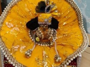 Premium Golden Yellow Laddu Gopal Dress – Handcrafted Designer Poshak, Pearl Border for Kanha Ji - Bhandarum